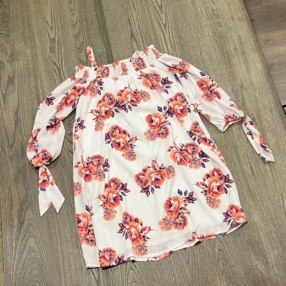 As U Wish Cold Shoulder Floral Mini Dress Smocked Lightweight White Pink Size S